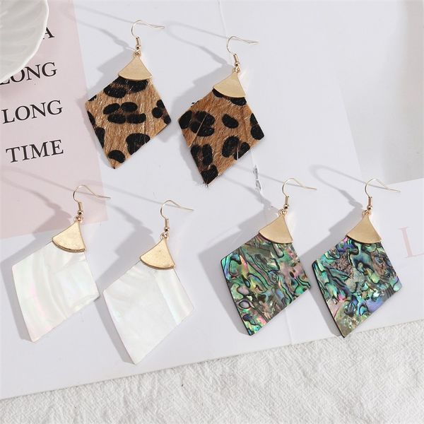 

rhombus shape abalone shell paper leopard leather charms earrings gold color brincos pendientes fashion brand jewelry women, Golden