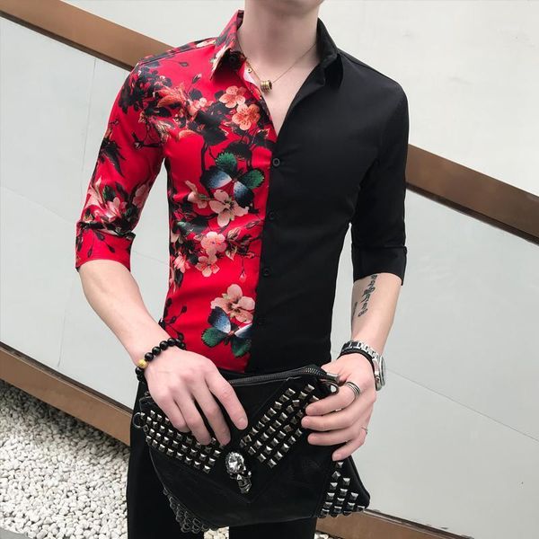 

2020 summer slim half sleeve men's shirt fashion patchwork printing men's tuxedo chemisise formal nightclub social shirt1, White;black