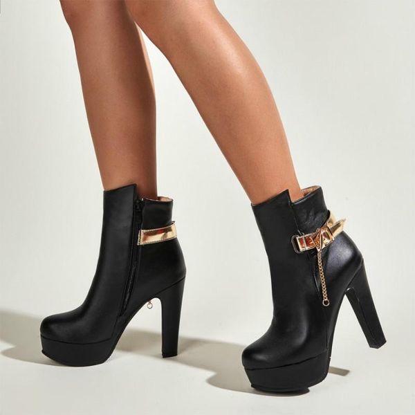 

women's high heels ankle boots women 2021 thick sole shoes round toe platform short boots female black fashion booties