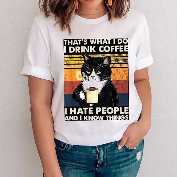 

women graphic striped cat animal coffee funny short sleeve cartoon lady clothes clothing tees print female tshirt t-shirt, White