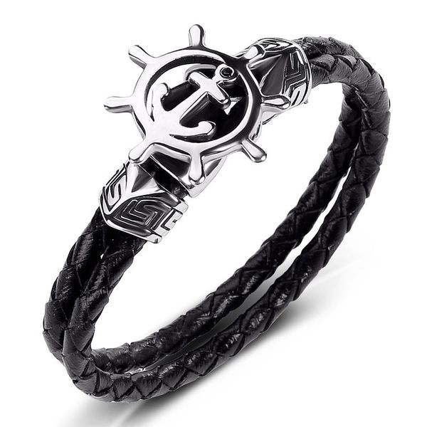 

2020 новых людей ювелирных изделий черный из натуральной кожи браслеты из нержавеющей стали панк anchor rudder шарм простые женщины браслеты, Golden;silver