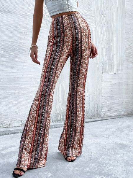 

floral print flare leg pants b4ak#, Black;white