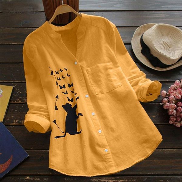 

cat printed blouse women cotton linen long sleeve casual shirt blusa button v neck womens and blouses camisa feminina, White
