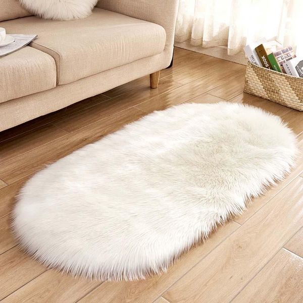 

ellipse soft faux sheepskin fur chair cushion area rugs for bedroom floor shaggy silky plush carpet white bedside mat
