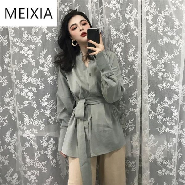 

meixia spring women casual coat v-neck single breasted belt vintage fashion solid split hem loose office lady blouse coat1, Tan;black