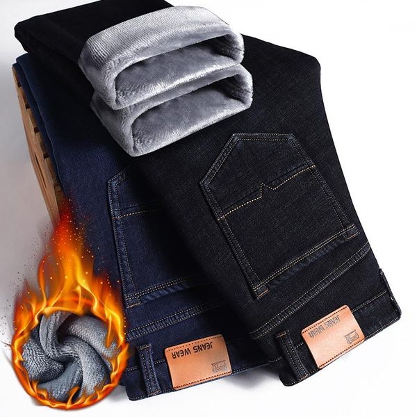 

2020 new winter thick warm brand jeans men's business casual fashion denim overalls fit trousers male blue black