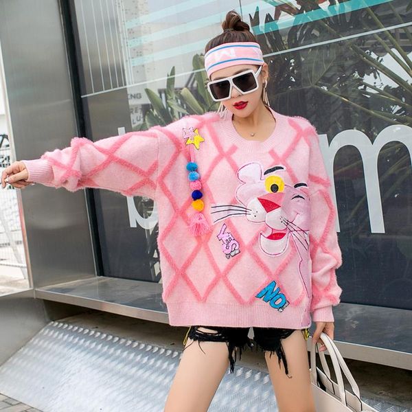 

thailand tide brand ladies knitted sweater pink sweater female cartoon sequined net infrared wear loose tassel, White;black