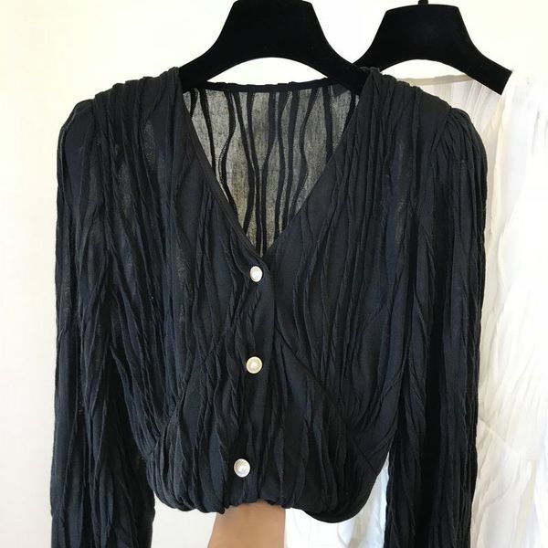 

2021 new spring and autumn new korean ins specific novel material v-neck shirt pleated women zr5m, White