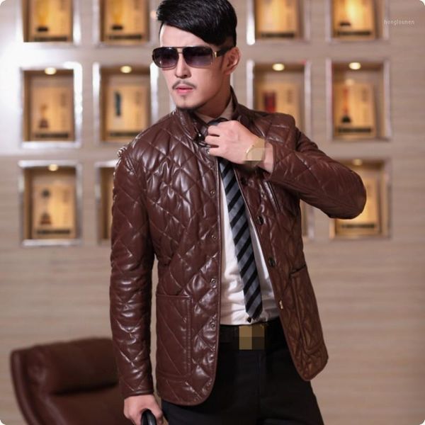 

2020 winter new mens sheep skin genuine leather warm duck down coats jaqueta motoqueiro couro blouson moto stand collar jacket1, Black
