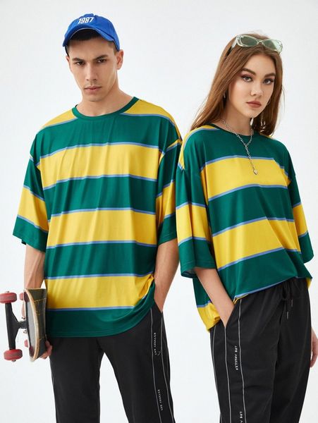 

1pc colorblock drop shoulder tee q9dm#, White;black