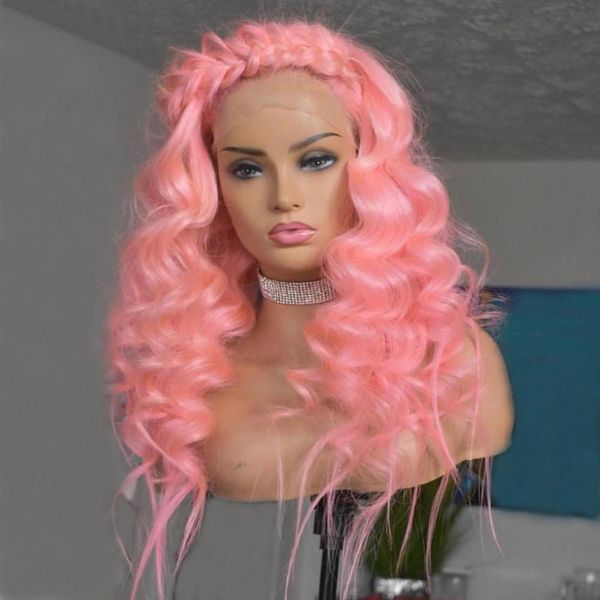 Longo estilo ondulado rosa peruca de peruca de renda sintética dianteira peruca de alta temperatura fibra profunda onda perucas para mulheres cosplay