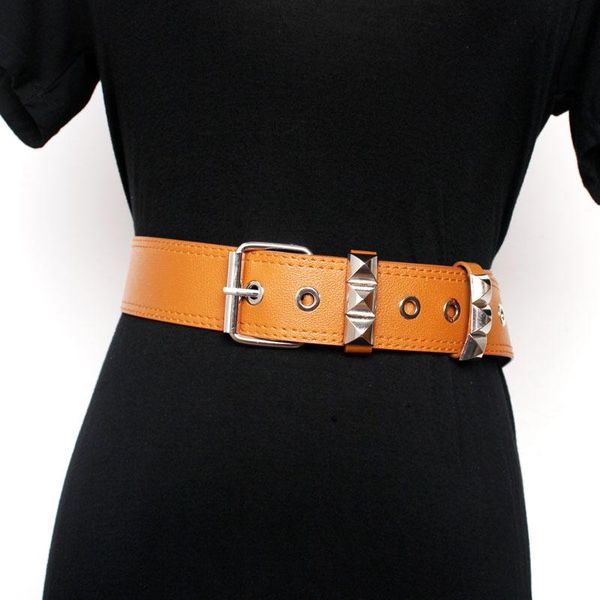 

new luxury designer metal rivet vintage leather belts women men silver metal hip hop strap gothic corset waist belt accessories, Black;brown