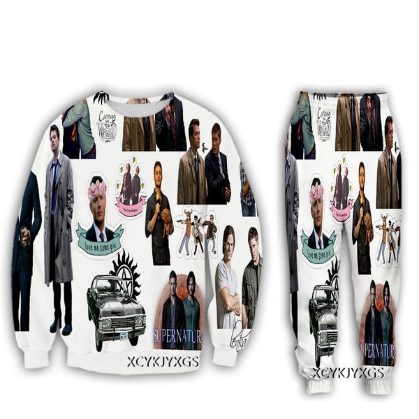 

new men women's sportwear track suits print the supernatural crewneck sweatshirt/jogger pantstracksuits za07, Black