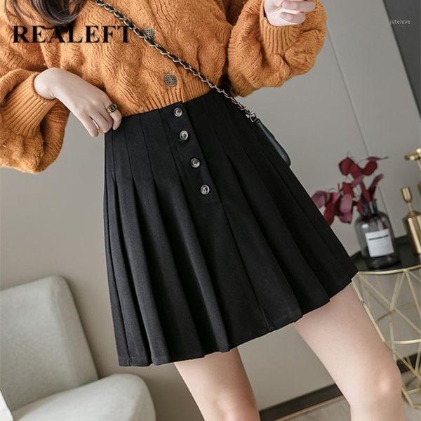 

realeft 2020 new autumn winter elegant solid woolen pleated women skirt buttons high waist a-line mini skater skirts lady1, Black