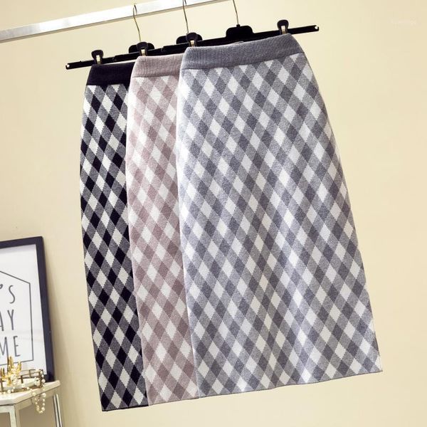 

winter vintage women thick plaid print knitted skirt lady slim high waist knitting pencil hip package step bodycon skirt1, Black