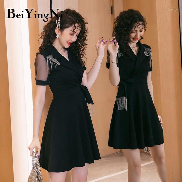 

beiyingni sashes fashion women dress tassel ladies v-neck club party blazer dresses plus size elegant summer office dress1, Black;gray