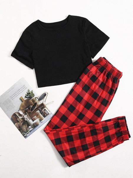 

solid tee & buffalo plaid sweatpants 32ko#, White