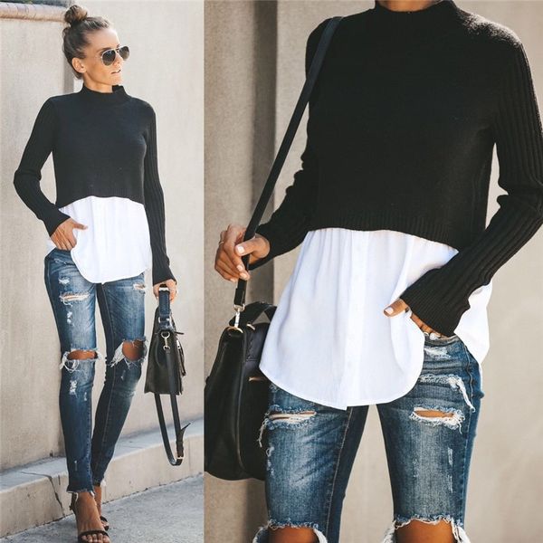 

fashion- autumn womens designer panelled sweaters fashion crew neck with button female pullover clothing, White;black