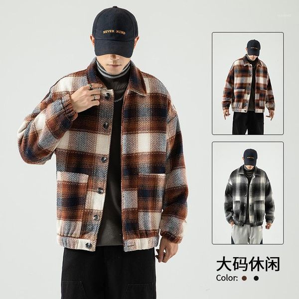 

korean-style new style 2020 autumn and winter woolen cloth plaid jacket men trend loose fold-down collar large size coat1, Black
