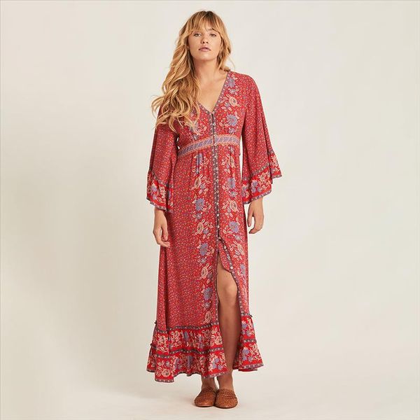 

boho red loose maxi dress women 2020 3 4 sleeve vneck vintage chic dresses summer clothes beach party floral hippie long dress, Black;gray