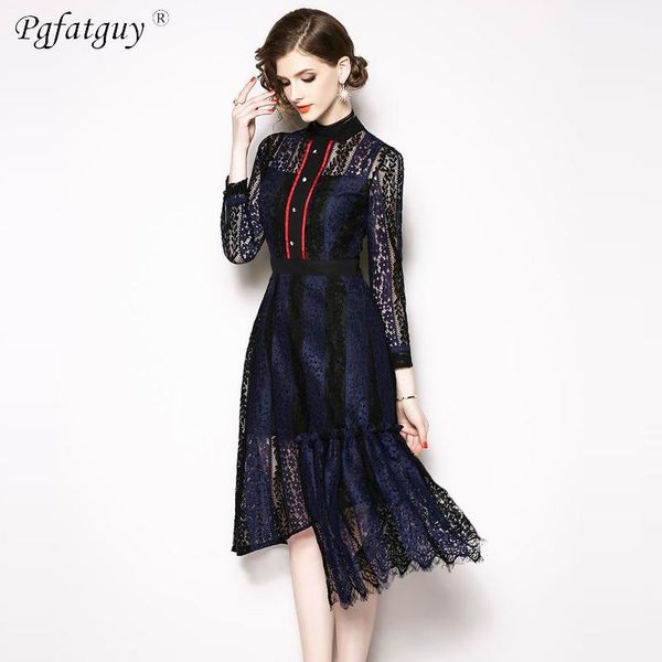 

women black casual lace dress new 2019 spring fashion long sleeve stand collar elegant slim a-line women's party dresses1, Black;gray