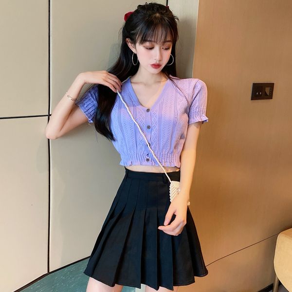 

2020 summer new sleeve v-neck knitted cardigan short thin slim cut out korean jacket for women
