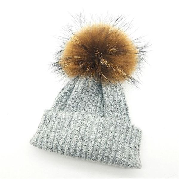 

winter new wool knitted hat beanies 15cm big pompom real raccoon fur hairball buckle solid color wool cap knit hats for women wmtdjs, Black;white