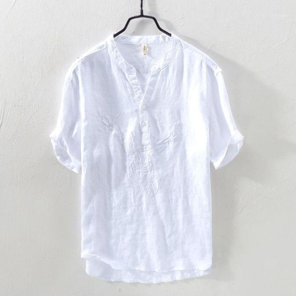 

men's casual shirts 100% pure linen men short sleeve shirt white embroidery stand collar pullover spring summer fashion y22541, White;black