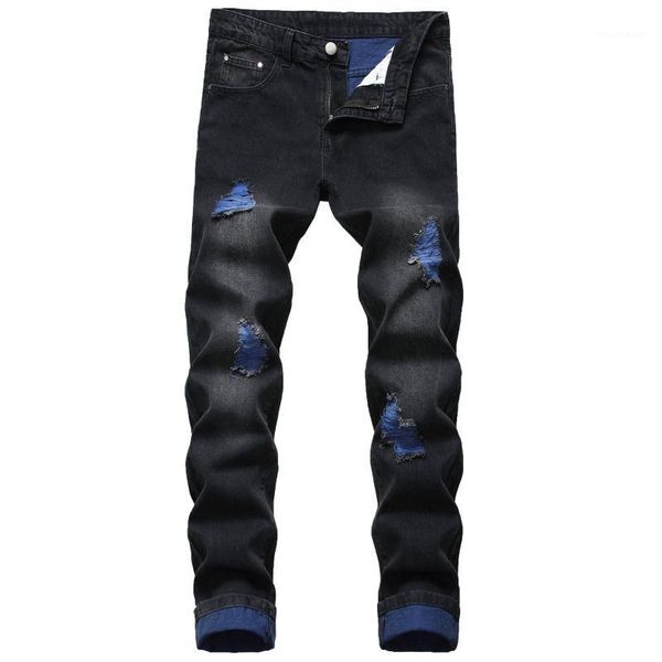 

fashion men's straight slim fit ripped jeans black distressed male denim trousers casual luxury homme blue jeans pants1