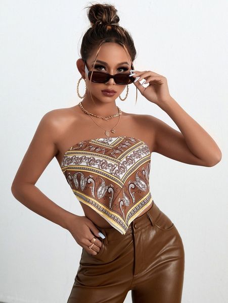 

paisley scarf print tie back bandana hem crop tube k8l4#, White