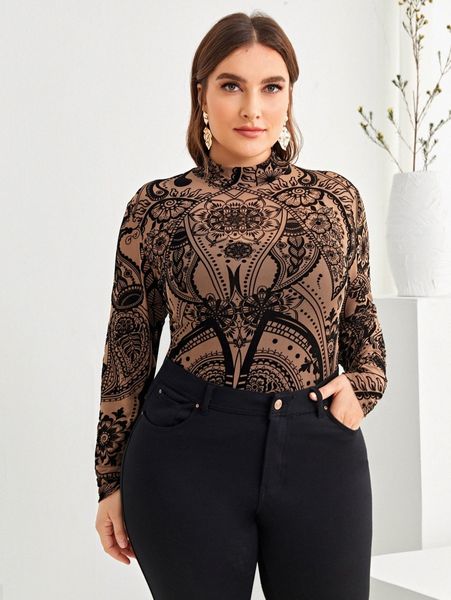 

plus mock-neck paisley print mesh y3cc#, Black