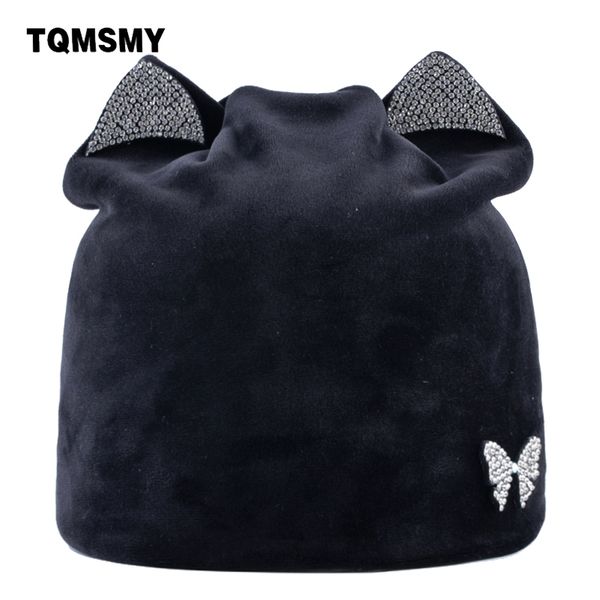 

tqmsmy rhinestone осень зима вязаные шапочки skullies для женщин открытый громоздкая bonnet повседневный cat ear бархат hat caps tmdh25 y201, Blue;gray