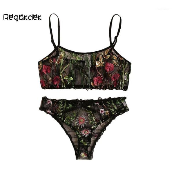 

women floral printed embroidered lace transparent lingerie bra set black underwear brassiere underwear plus size s-2xl#p31, Red;black