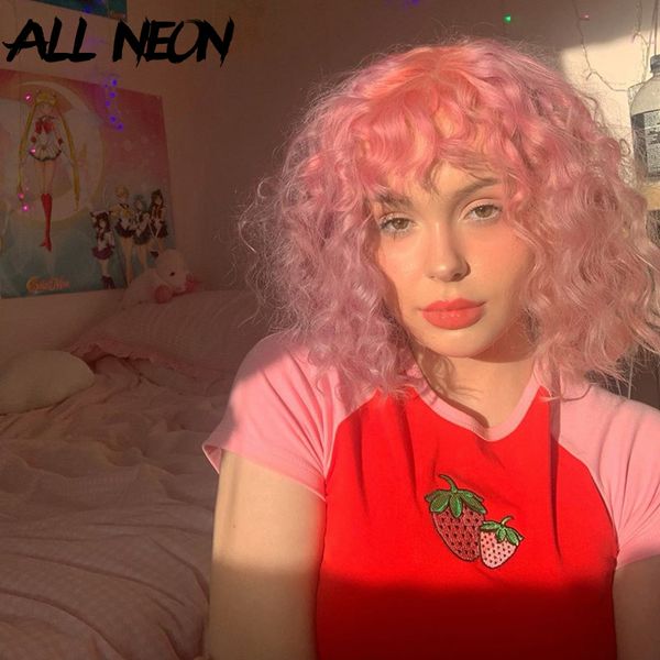 

allneon sweet strawberry embroidery front crop e-girl o-neck short sleeve patchwork red t-shirts fashion summer kawaii tees, White