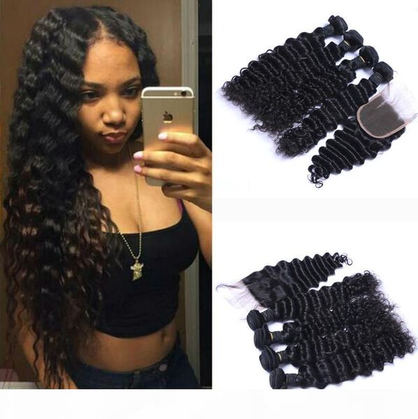 

8a brazilian deep wave curly hair 3 bundles with closure middle 3 part double weft human hair extensions dyeable human hair weave, Black