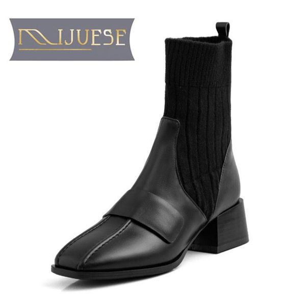 

boots mljuese 2021 women ankle cow leather winter short plush square toe knitted med heels female size 43, Black