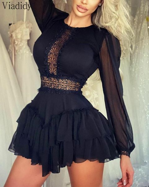 

women lace patchwork mesh sleeve long sleeve ruffle hem mini dress transparent party dress female, Black;gray
