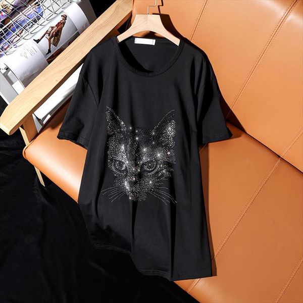 

summer 2020 new fashion loose plus size short sleeve t shirt for women casual personality cat pattern diamond female, White