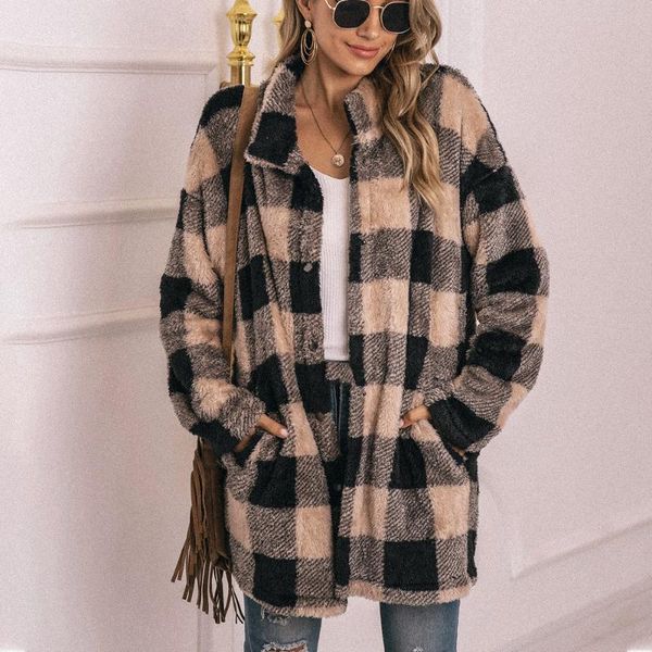 

vintage plaid женщины кашемир пальто осень 2020 хлопок цвет контраст fleeze длинные верхняя одежда ретро зимняя одежда свитера кардигана, Black