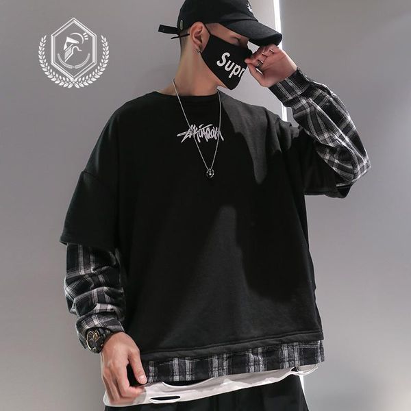 

men fashion loose print plaid casual pullover hip hop sweatshirts, Black
