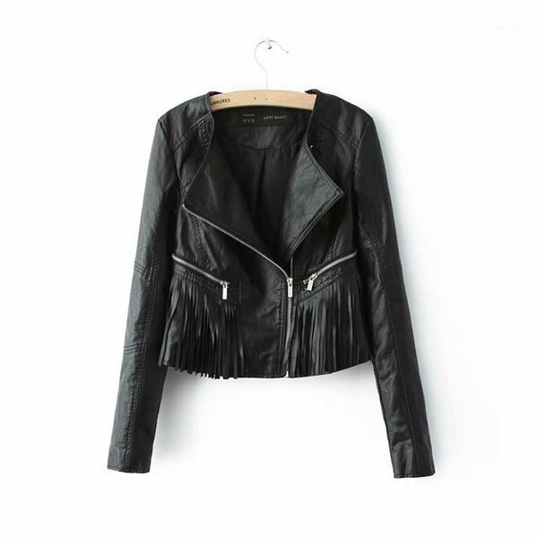 

deat] loose fit jacket new pu leather zipper tassel round neck long sleeve women coat fashion tide spring autumn 2020 13u3101, Black