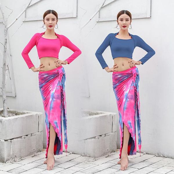 

2020 новых женщин dancewear танец живота одежда модальные outfit двухсекционный спортивный костюм топ + юбка беллиданс длинное платье, Black;red