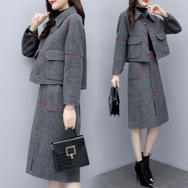 

ual98 2020 новый полупальто dresswomen платье одежда сплошной цвет двух частей платье средней длины зимы шерстяное полупальто юбка набор fcd, Gray
