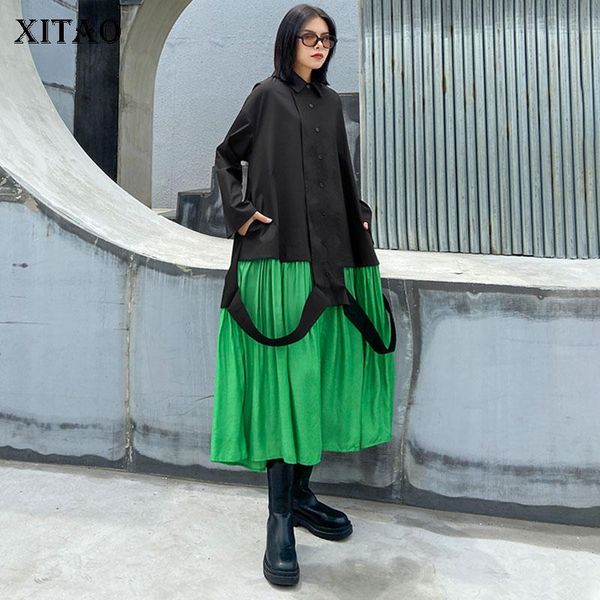 

xitao patchwork dress fashion new women single breast patchwork plated hem 2020 autumn minority casual style loose dress zp3457, Black;gray