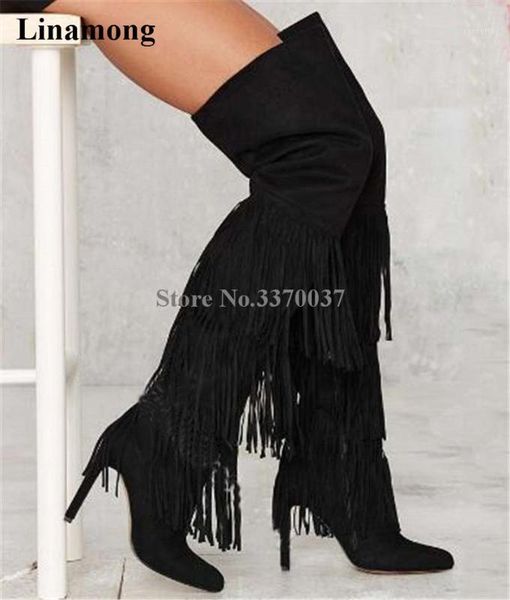 

women fashion pointed toe black suede leather long tassels over knee boots charming fringes high heel long boots1