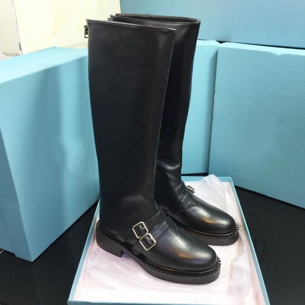

high boots flat woman riding boots buckle black genuine leather round toe womens designer knee-high zapatos de mujer new