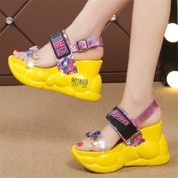

2021 new women in white yellow sandals will see thick high transparent heels for your crystal peep toe women's shoes mgcw, Black