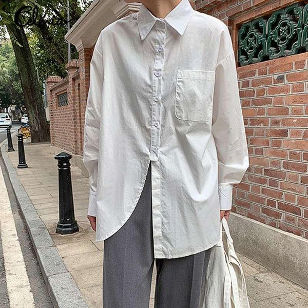 

celmia solid fashion buttons back slit women blouse autumn casual long sleeve office lapel shirt solid loose asymmetrical blusas1, White