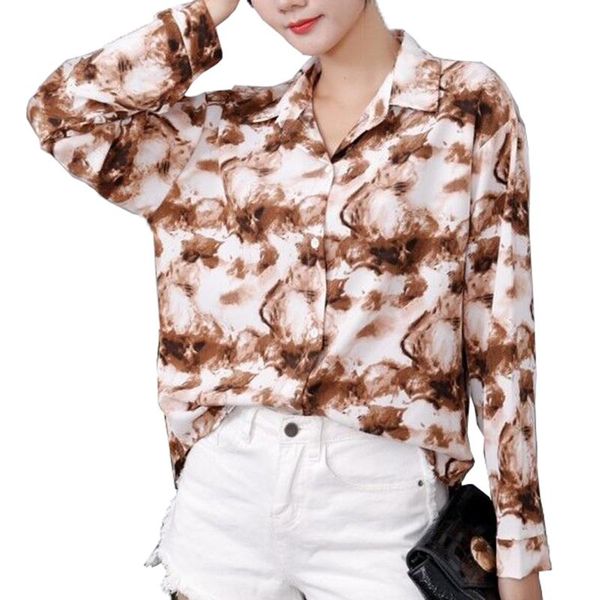 

yoming ym058 new fashion lady dyeing effect printing shirt with full sleeve women loose blouse, White