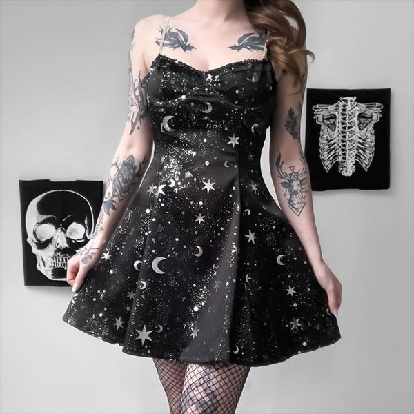 

женщины платье space star moon v шеи печати платье без рукавов черный backless бальные платья слим цепи плеча ремень летние платья, Black;gray